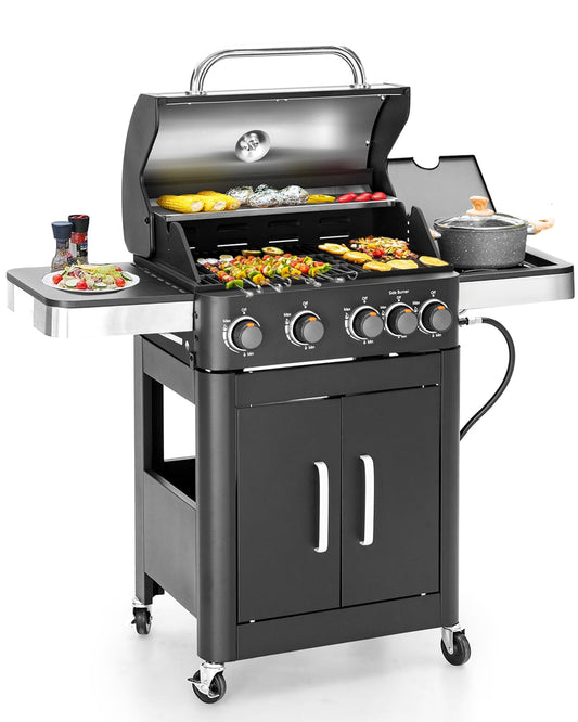 2 in 1 Propane Gas BBQ Grill with Side Burner & Porcelain-Enameled Cast Iron Grate, 4-Burner Flat Top, 46,700 BTU Outdoor Barbecue Propane Griddle Grill Combo for Camping, Patio, Backyard